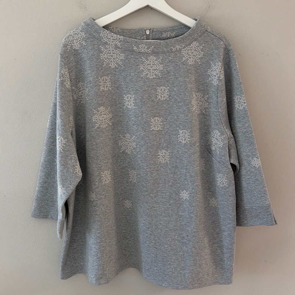 Talbots Plus Petite 3XP Gray Snowflake Boat Neck 3/4 Sleeve Zipper‎ Back Top NWT